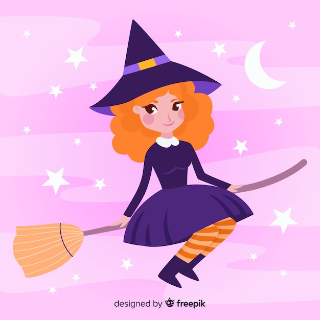 Free Vector Cute Halloween Witch With Broom