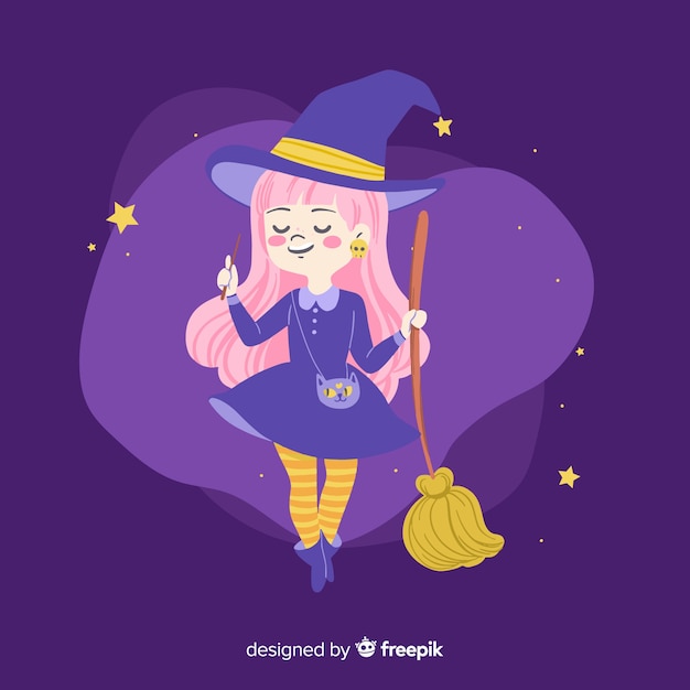 Cute Halloween Witch With Pink Hair Free Vector