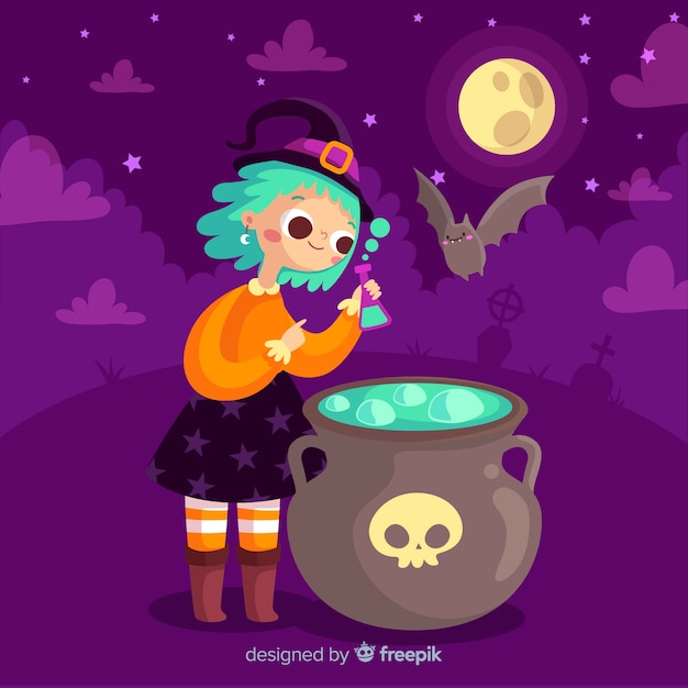 Download Cute halloween witch with potion pot Vector | Free Download