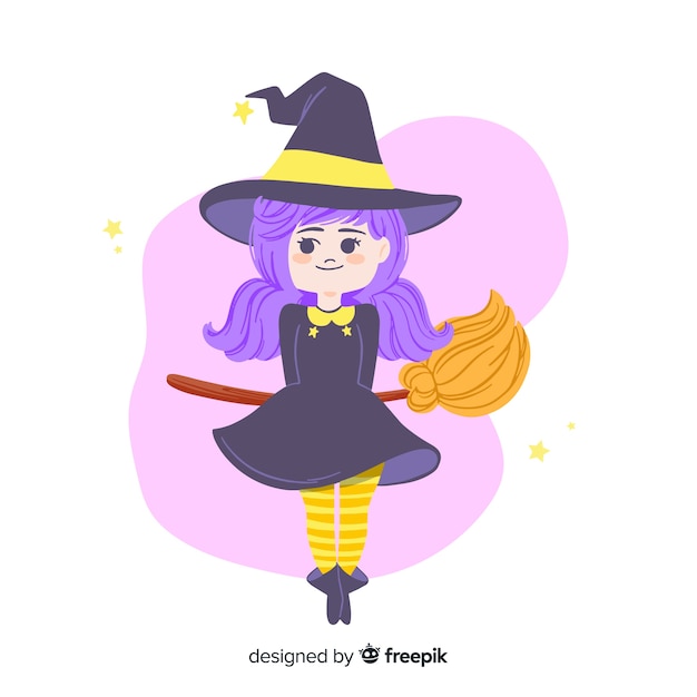 Cute Halloween Witch With Purple Hair And Broom Free Vector