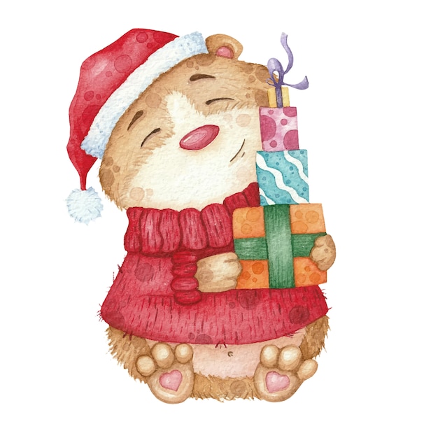 赤いセーターとプレゼントの帽子でかわいいハムスター クリスマスの水彩イラスト プレミアムベクター