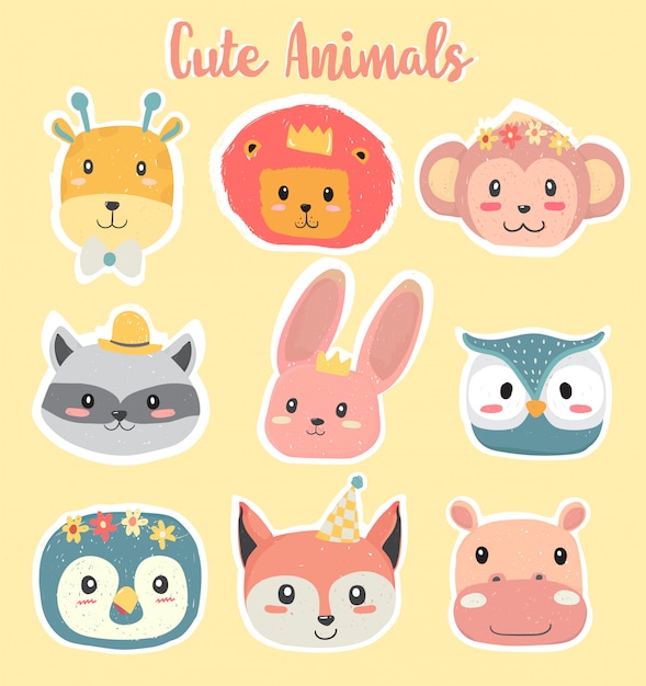 Premium Vector Cute Hand Drawing Wild Animal Head Clip-art In Pastel Color Collection Flat Vector