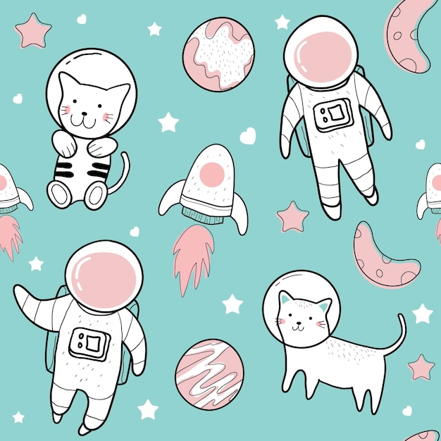 宇宙飛行士のシームレスパターンのかわいいイラストのかわいい手描き プレミアムベクター