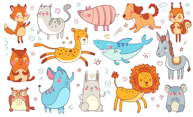 かわいい手描き動物 友情動物面白い落書き猫 装飾的な愛らしいキツネと赤ちゃんクマ分離イラストセット プレミアムベクター