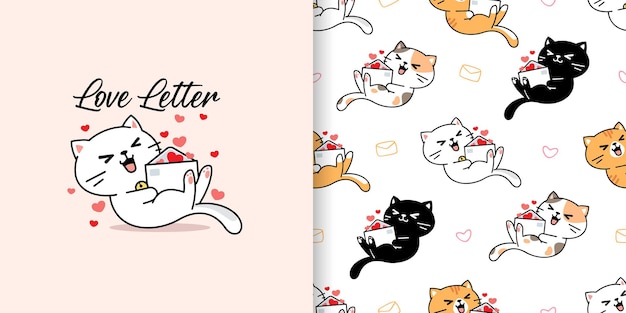 ラブレターのシームレスなパターンとイラストのかわいい手描き猫 プレミアムベクター