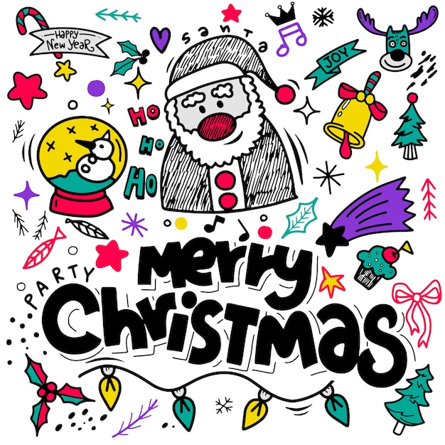 かわいい手描きのクリスマス落書きセット落書きスタイルのクリスマスイラスト大ざっぱな手描き落書き漫画メリークリスマスをテーマにしたオブジェクトのセット プレミアムベクター