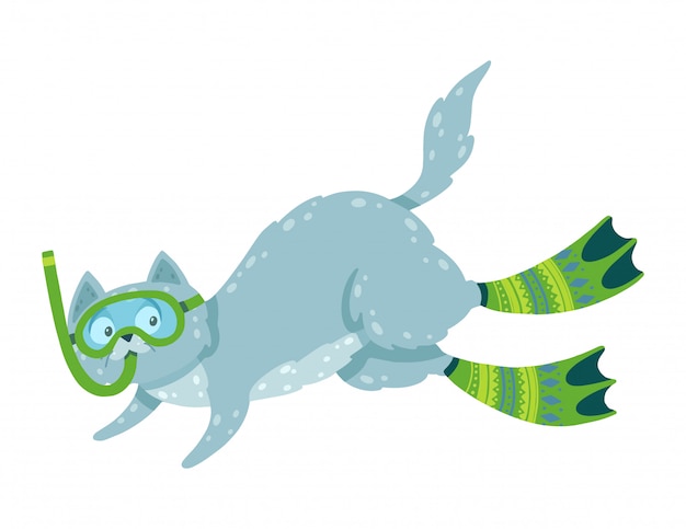 水泳猫とかわいい手描きイラスト 足ひれとマスクで猫のダイビング プレミアムベクター