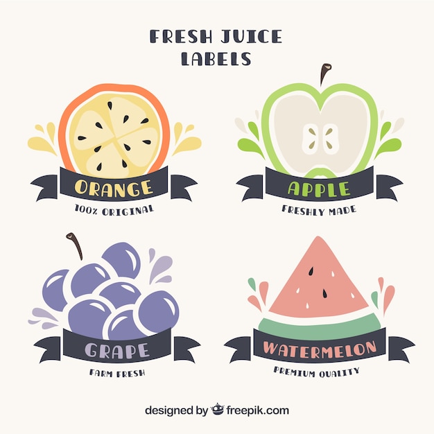 Cute hand drawn juice labels with fruits and
ribbons