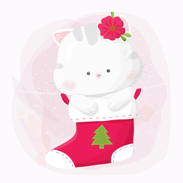 Download Cute hand drawn kitty cat hanging in christmas stocking ...