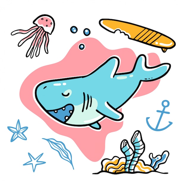 Download Cute hand drawn shark sea underwater vector illustration ...