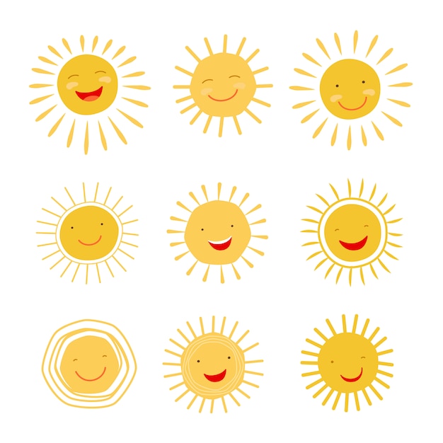 かわいい手描き太陽文字笑顔と輝く プレミアムベクター