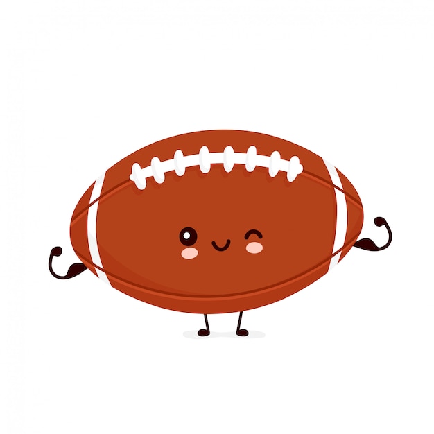 かわいい幸せなアメリカンフットボールラグビーボールは筋肉を示します 漫画のキャラクター プレミアムベクター