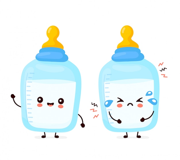 乳首のおしゃぶり付きのかわいい幸せで悲しい哺乳瓶 漫画のキャラクターの手描きスタイルのイラスト 子供の栄養の概念 プレミアムベクター