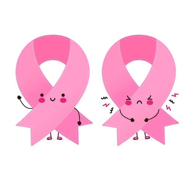 かわいい幸せで悲しい泣くピンクのリボンキャラクター ベクトル漫画のキャラクターイラストアイコンデザイン 分離されました 乳がん啓発月間ピンクリボンシンボルコンセプト プレミアムベクター