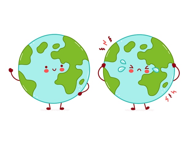 プレミアムベクター かわいい幸せで悲しい面白い地球惑星のキャラクター 漫画キャラクターイラストアイコンデザイン 白い背景で隔離