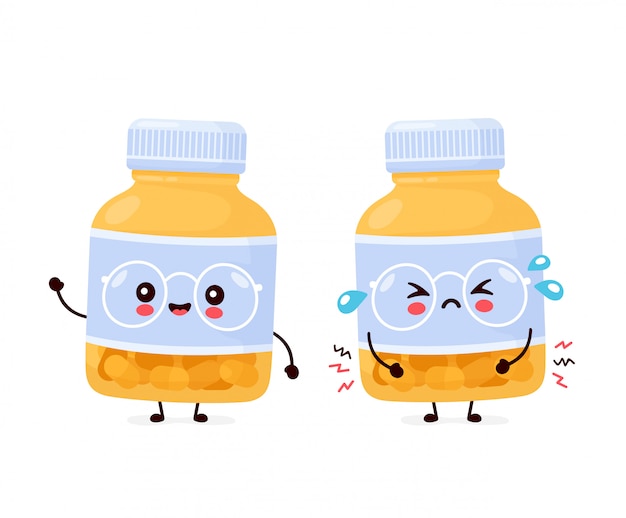 かわいい幸せで悲しい面白い薬瓶 漫画のキャラクターイラストアイコンデザイン 分離されました プレミアムベクター