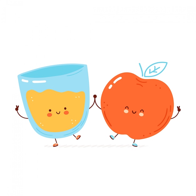 かわいい幸せなリンゴとジュースのグラス 漫画のキャラクターの手描きスタイルのイラスト プレミアムベクター