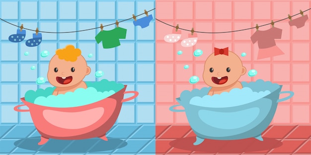 かわいい幸せな赤ちゃんのお風呂 男の子と女の子の泡泡と浴槽で入浴します プレミアムベクター
