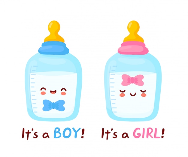 乳首おしゃぶりをかわいい幸せな哺乳瓶 それは男の子です それは女の子のカードです 漫画のキャラクターの手描きスタイルのイラスト プレミアムベクター