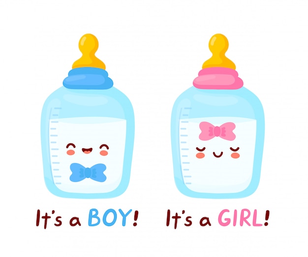 Premium Vector Cute Happy Baby Bottle With Nipple Pacifier It S A Boy It S A Girl Card Cartoon Character Hand Drawn Style Illustration