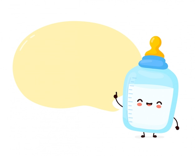吹き出し付き乳首おしゃぶりをかわいい幸せな哺乳瓶 漫画のキャラクターの手描きスタイルのイラスト 子供の栄養の概念 プレミアムベクター