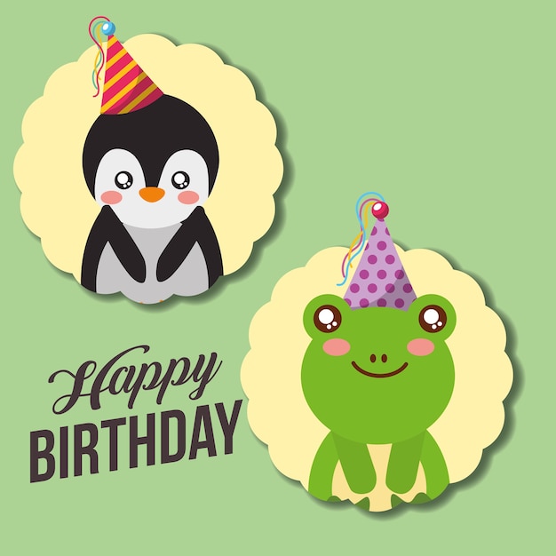 Download Cute happy birthday card funny penguin and frog Vector | Premium Download