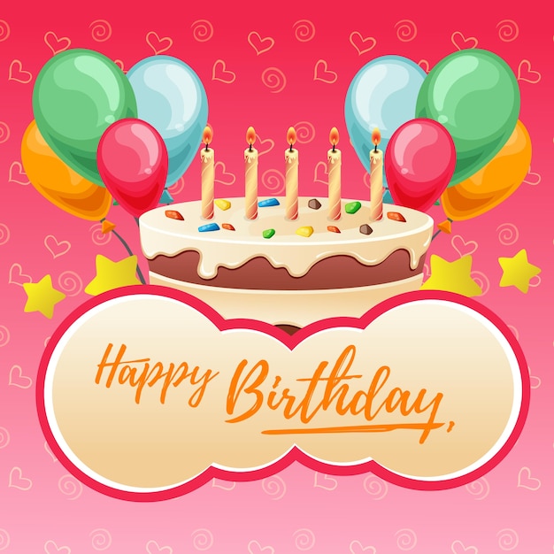 Premium Vector | Cute happy birthday lettering with big cake