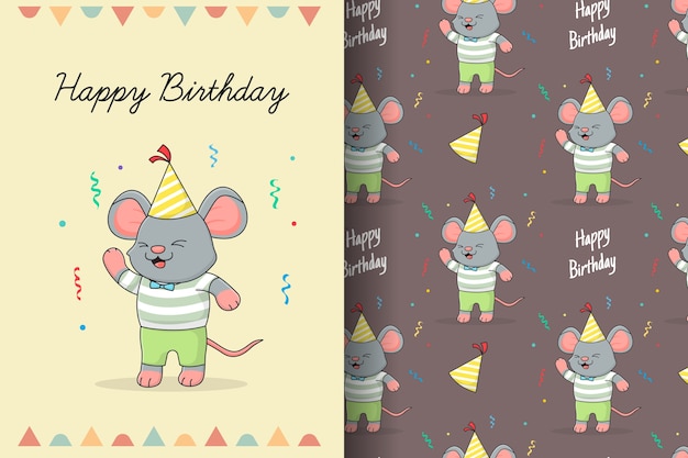 Premium Vector | Cute happy birthday mouse seamless pattern and card