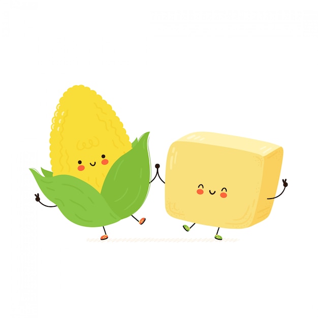 Premium Vector Cute Happy Butter And Corn Character Isolated On White Background Cartoon Character Hand Drawn Style Illustration