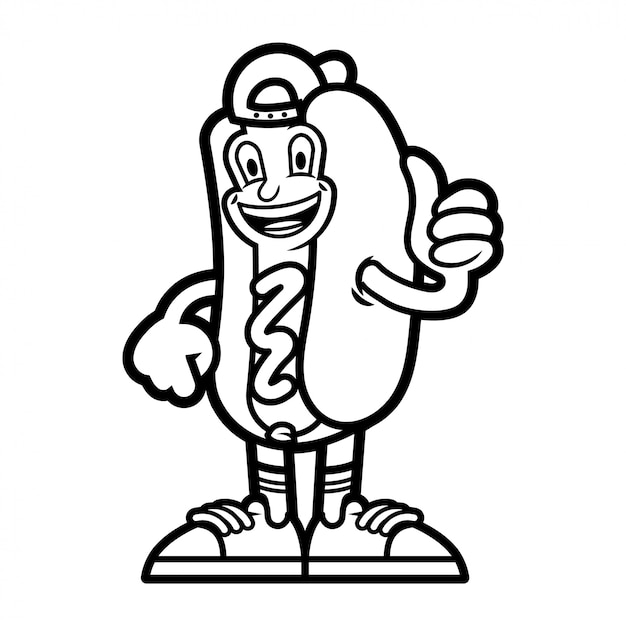 かわいい幸せな漫画のキャラクターアメリカンラインのホットドッグは それのように立ち上がって親指を表示します 子供の着色または印刷デザインのモダンな イラストマスコットロゴ プレミアムベクター