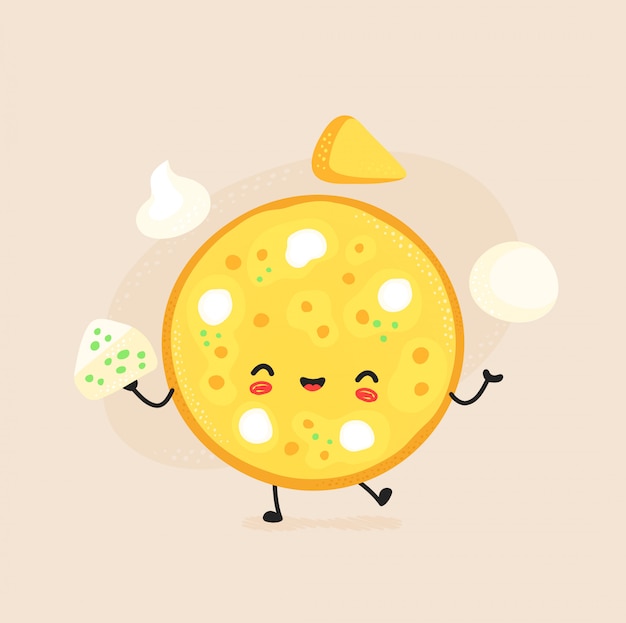 かわいい幸せチーズピザのキャラクター フラット漫画イラストアイコン 白で隔離 ピザのキャラクター プレミアムベクター