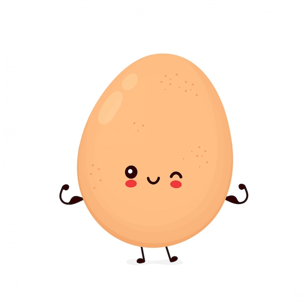 かわいい幸せな鶏の卵は筋肉を示します 漫画のキャラクター 鶏の卵 イースターのコンセプト プレミアムベクター