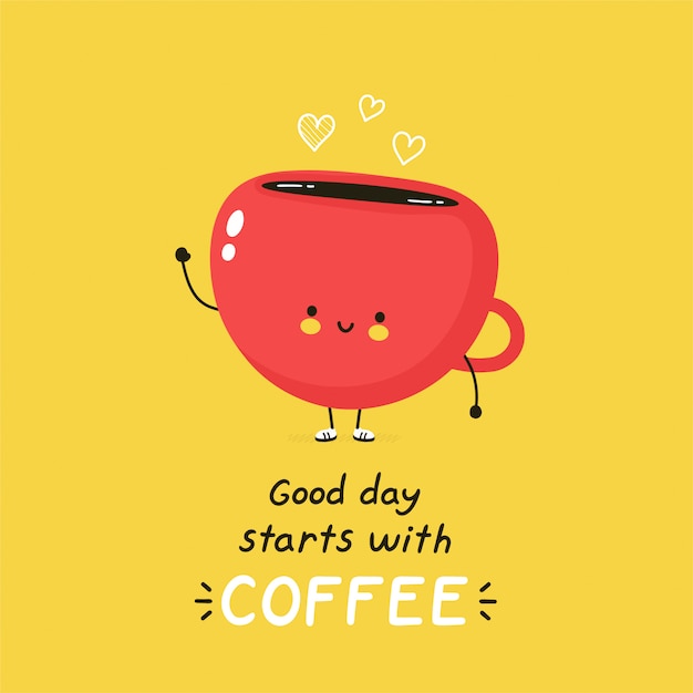かわいい幸せのコーヒーカップのキャラクター 白で隔離 ベクトル漫画キャラクターイラストデザイン シンプルなフラットスタイル 良い一日はコーヒーカードから始まります プレミアムベクター
