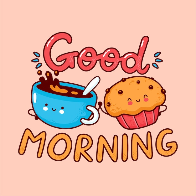 Premium Vector | Cute happy coffee mug and muffin cake. flat line ...