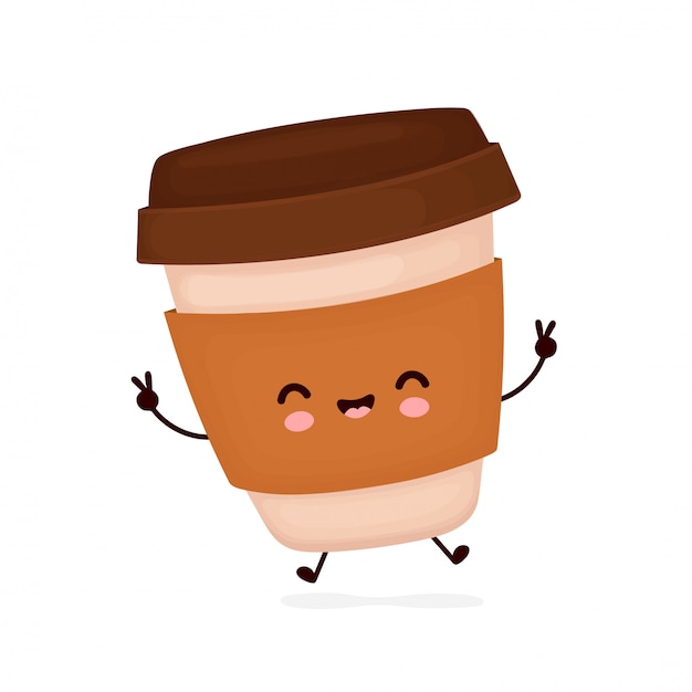 かわいい幸せなコーヒーの紙コップ 漫画のキャラクター プレミアムベクター