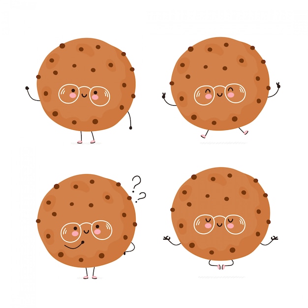 プレミアムベクター チョコレートチップキャラクターセットコレクションとかわいい幸せなクッキー 白で隔離 ベクトル漫画キャラクターイラスト デザイン シンプルなフラットスタイル クッキーウォーク ジャンプ 思考 瞑想の概念