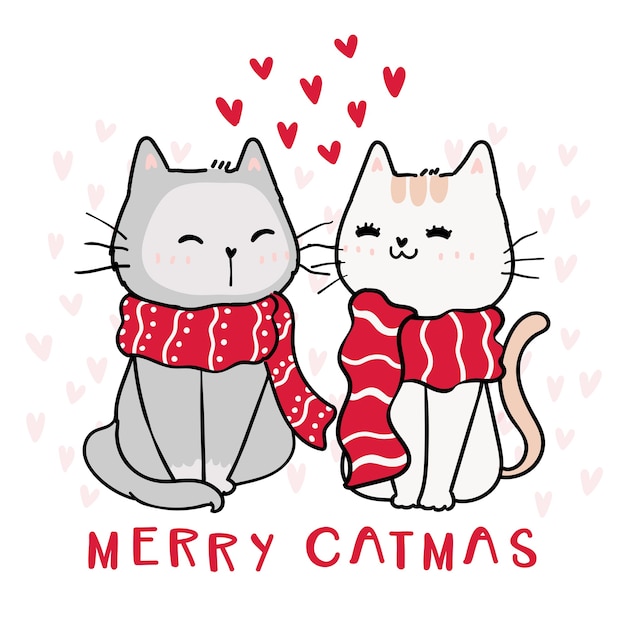 Premium Vector | Cute happy couple cat in red chrsitmas winter scarf ...