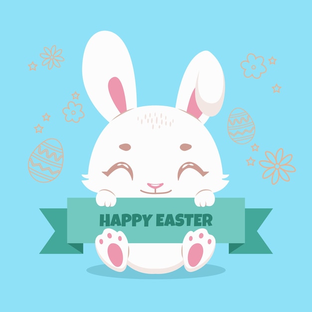 Premium Vector | Cute happy easter bunny holding a banner with festive text