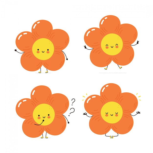 かわいい幸せの花キャラクターセット プレミアムベクター