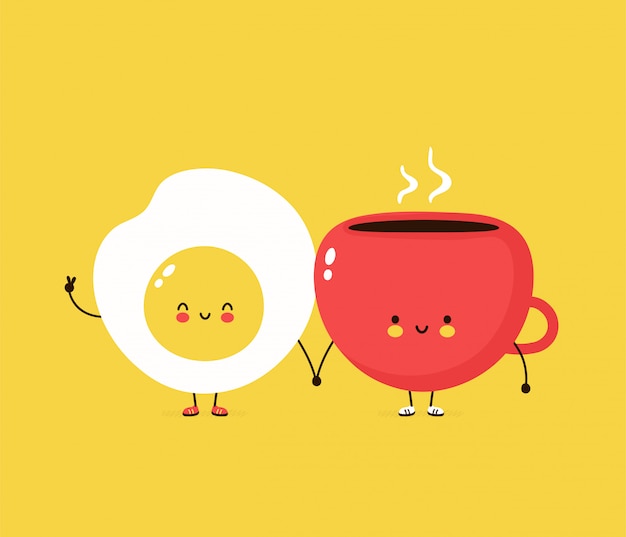 かわいい幸せな目玉焼きとコーヒーcuo 漫画キャラクターイラストデザイン シンプルなフラットスタイル 目玉焼きとカップのキャラクターのコンセプト プレミアムベクター