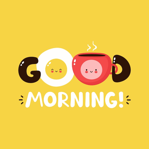 かわいい幸せな目玉焼きとコーヒーカップ ベクトル漫画キャラクターイラストデザイン シンプルなフラットスタイル 目玉焼きとカップのキャラクターコンセプト おはようカード ポスター プレミアムベクター