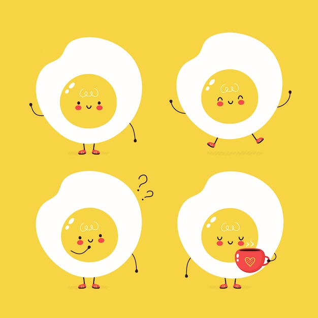 Premium Vector Cute Happy Fried Egg Set Vector Cartoon Character Illustration Design Simple Flat Style Fried Egg Character Bundle Collection Concept