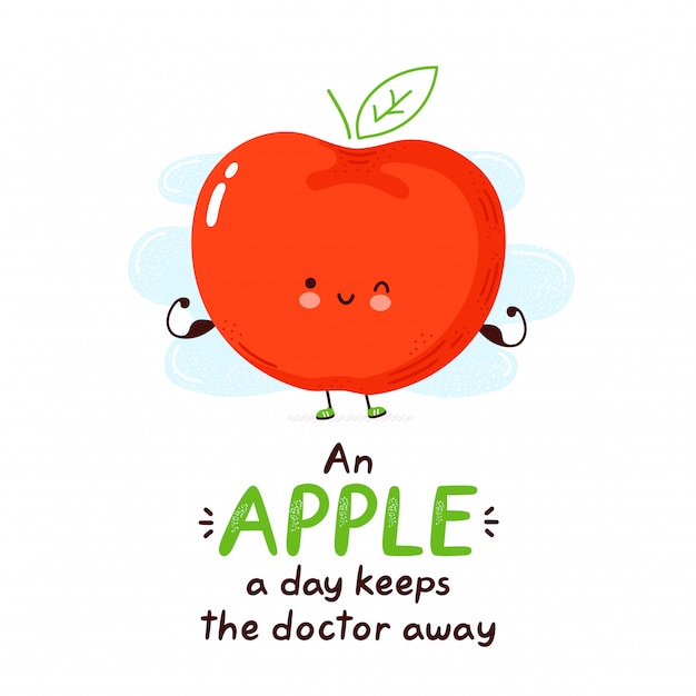 かわいい幸せな面白いリンゴ 漫画のキャラクターの手描きのイラスト 白い背景で隔離されました 一日のリンゴは医者を遠ざける プレミアムベクター