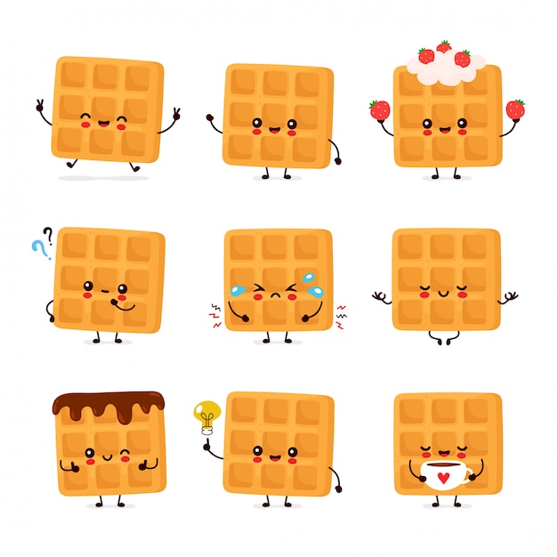 Cute happy funny belgian waffle set | Premium Vector