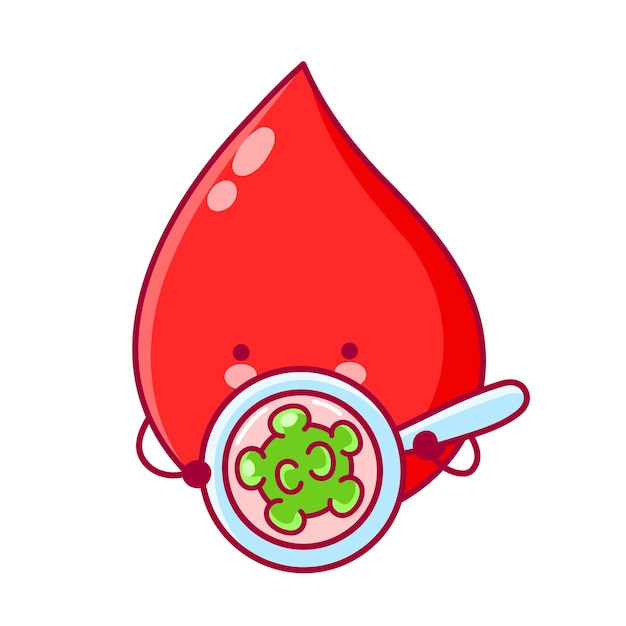 かわいい幸せな面白い血の滴は拡大鏡で細菌を見てください フラットライン漫画カワイイキャラクターイラスト 白い背景で隔離 プレミアムベクター