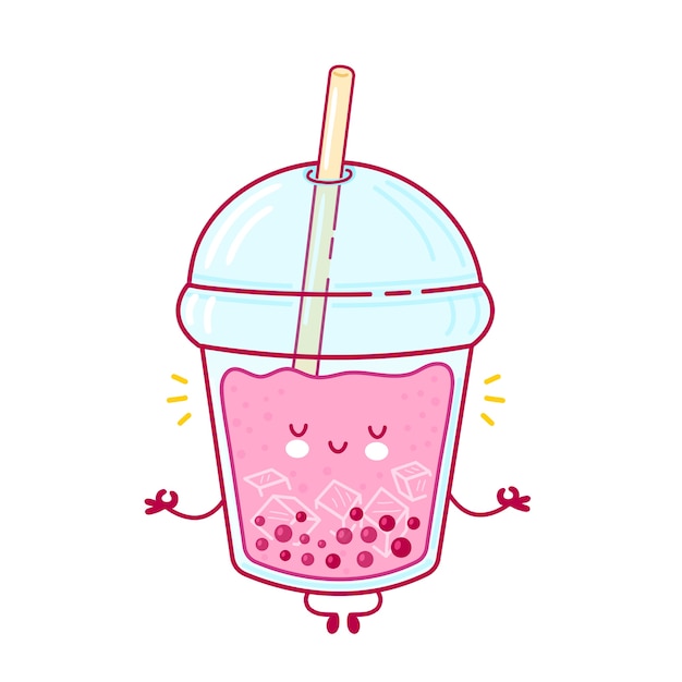 Premium Vector Cute Happy Funny Bubble Tea Cup Meditate Flat Line Cartoon Kawaii Character Illustration Icon Isolated On White Background Boba Bubble Tea Concept