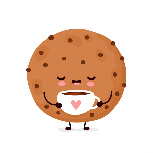 コーヒーカップとかわいい幸せな面白いチョコレートクッキー 漫画のキャラクターイラストアイコンデザイン 分離されました プレミアムベクター