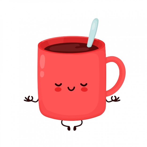 Download Cute happy funny coffee mug meditate. cartoon character ...