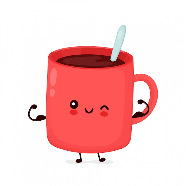 かわいい幸せな面白いコーヒー マグは筋肉を示しています 漫画キャラクターイラストアイコンデザイン 白い背景で隔離 プレミアムベクター