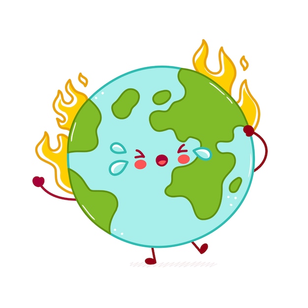 かわいい幸せな面白い地球惑星のキャラクターを燃やします 漫画キャラクターイラストアイコンデザイン 白い背景で隔離されました 地球温暖化の概念 プレミアムベクター